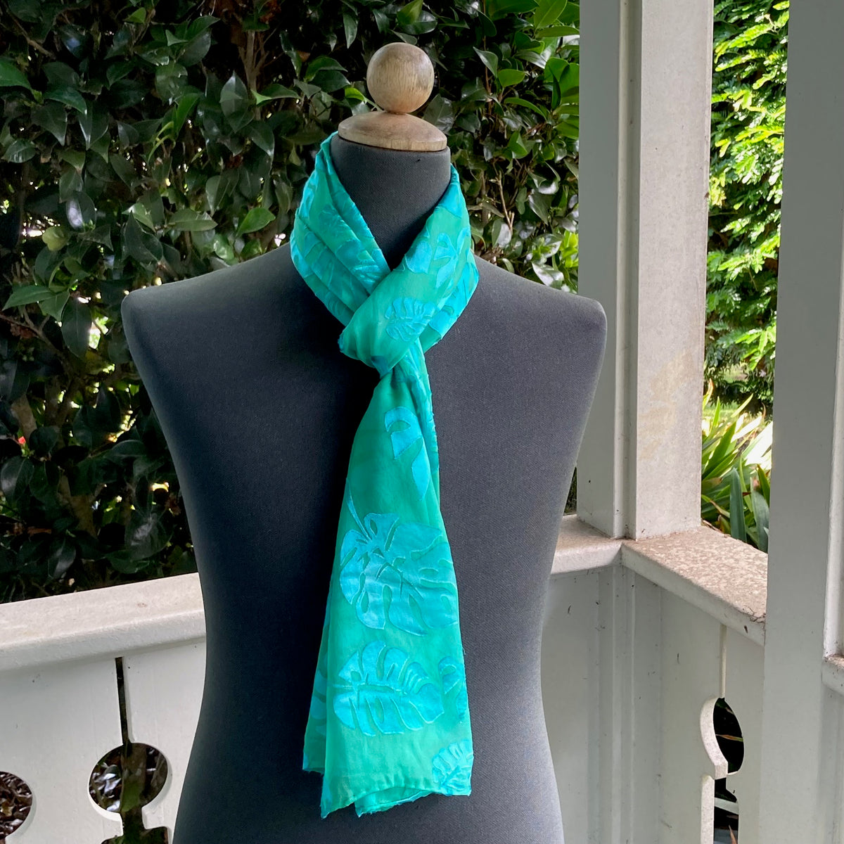 Devore Silk & Rayon Scarf in Jade in the Monstera Design