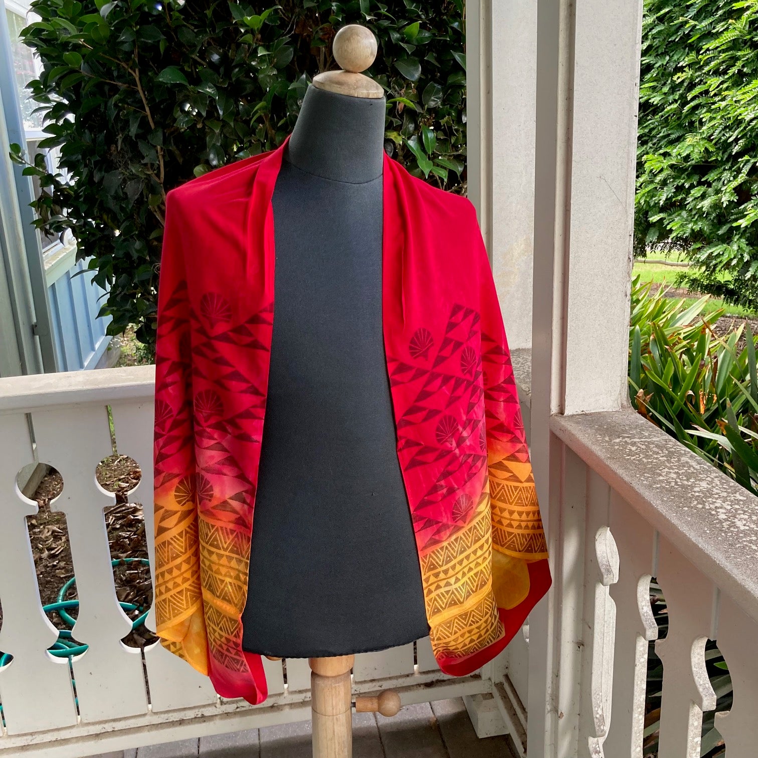 Ohe Kapala Shrug in Red and Yellow with the Lehua and the Mauna