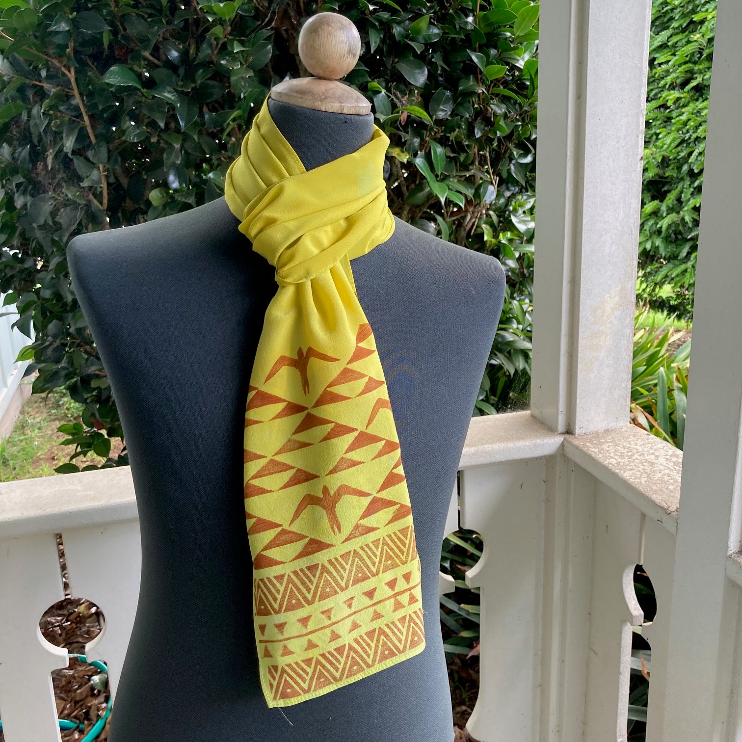 Ohe Kapala Silk Crepe Scarf in Yellow with the Mauna and 'Iwa
