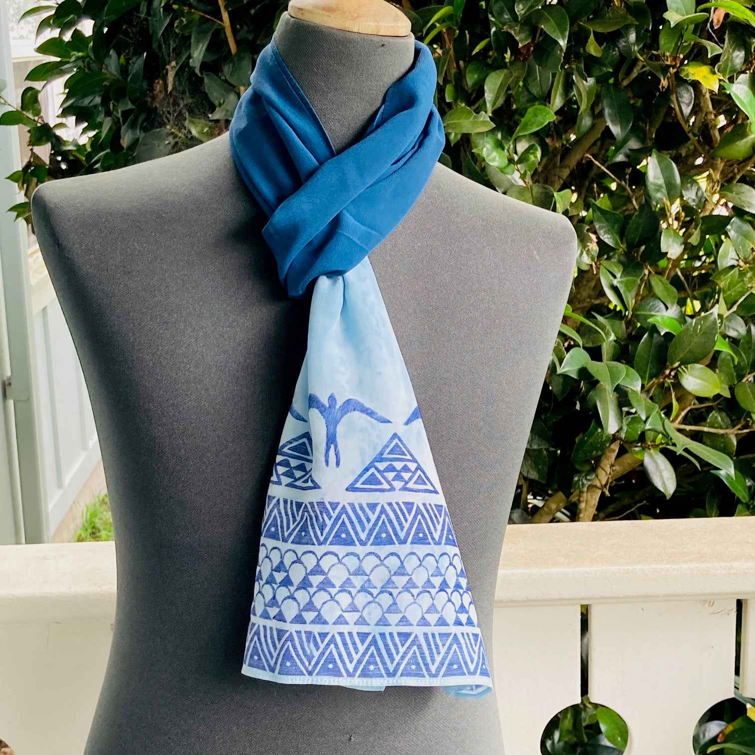 Ohe Kapala Silk Crepe Scarf in Cerulean Blue with Mauna and 'Iwa