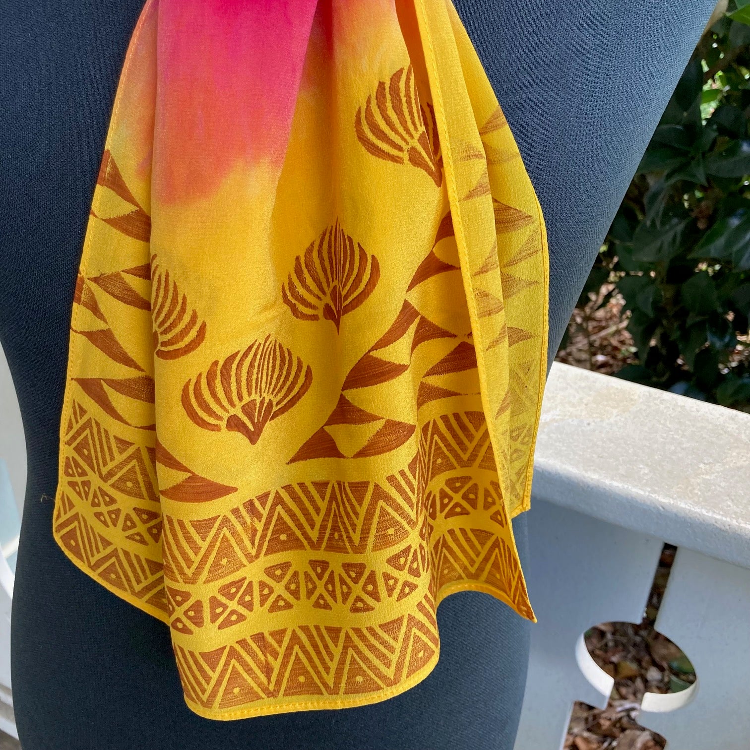Ohe Kapala Silk Crepe Scarf in Red and Golden Yellow with Mauna and Lehua