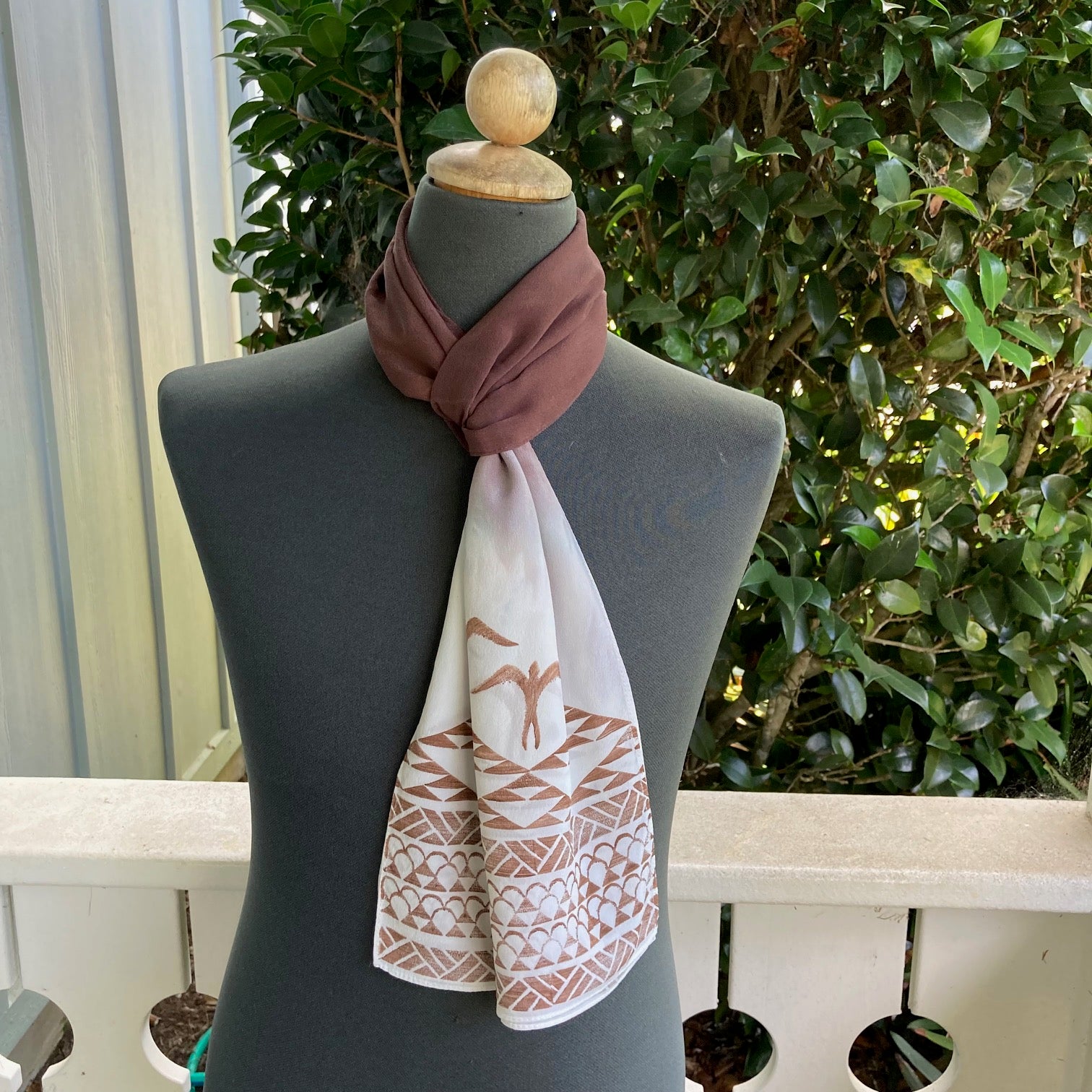 Ohe Kapala Silk Crepe Scarf in Brown with Mauna and 'Iwa