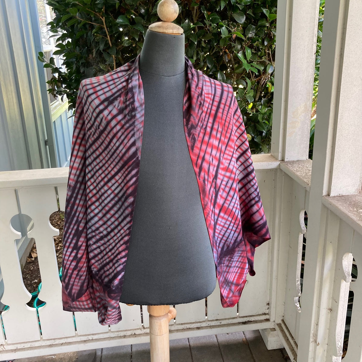 Shibori Rayon Shrug in Red, Black and Gray