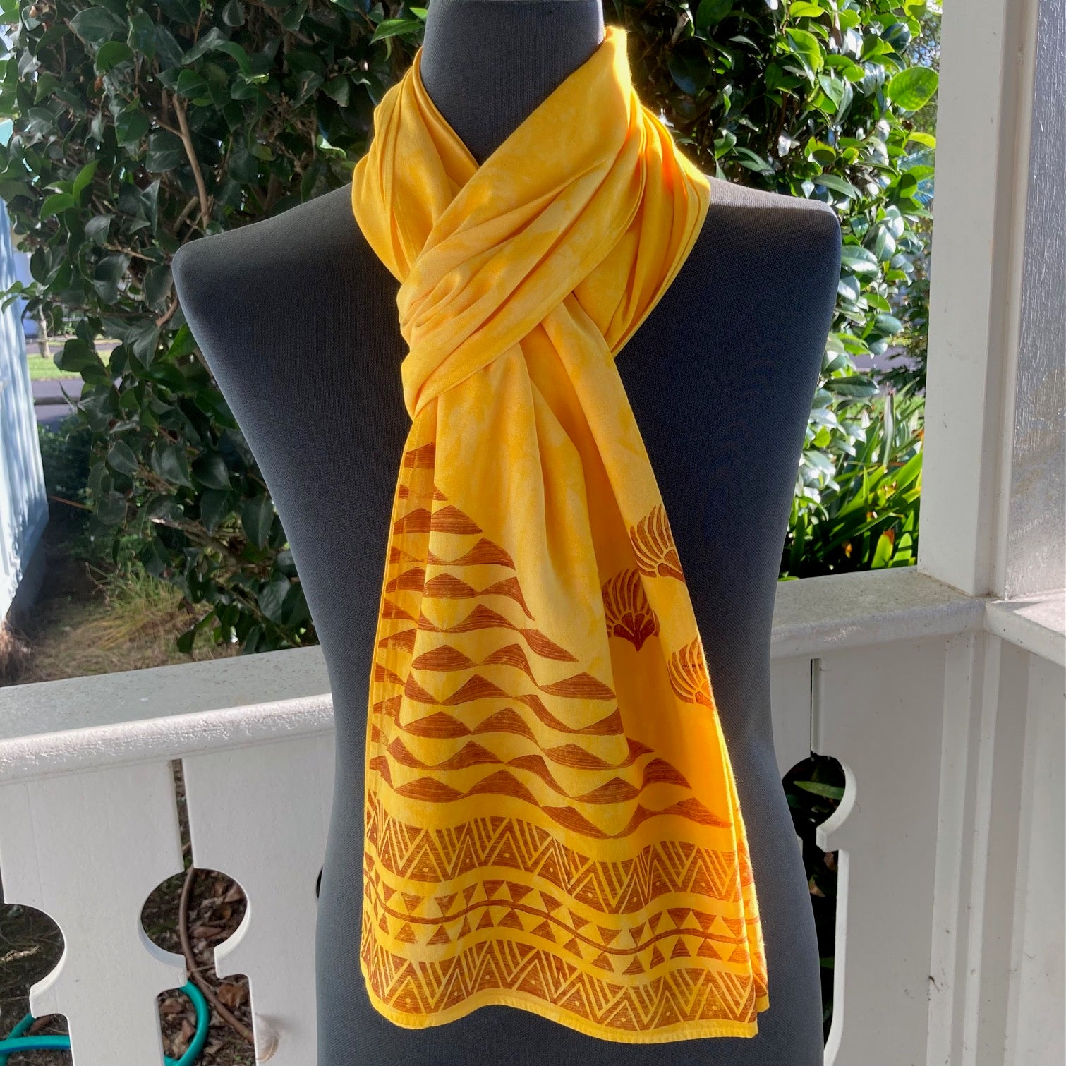 Ohe Kapala Rayon Wrap in Golden Yellow with Mauna and Lehua
