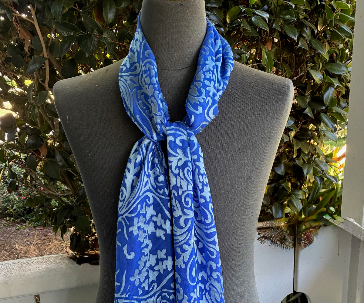Devore Silk & Rayon Scarf in Blue and Silver