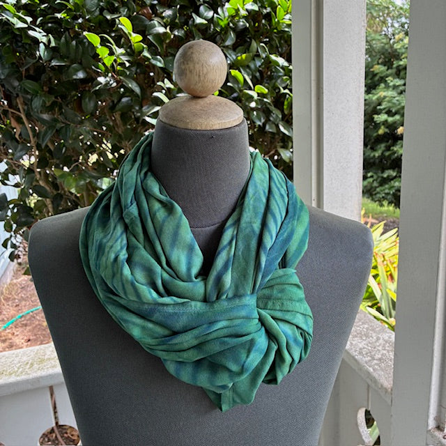 Shibori Rayon Infinity Scarf in Green and Blue Stripes