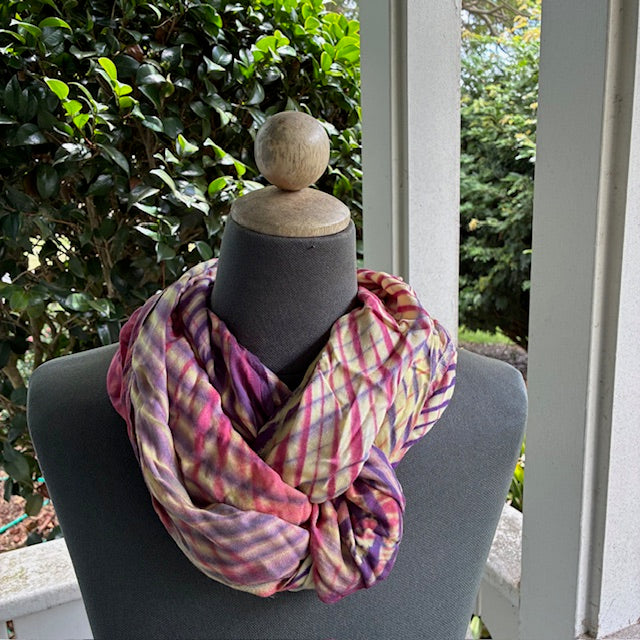 Shibori Rayon Infinity Scarf in Red, Yellow and Purple