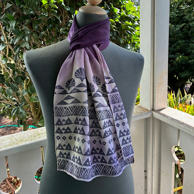 Ohe Kapala Silk Crepe Scarf in Dark Purple with the Mauna and Lauhala