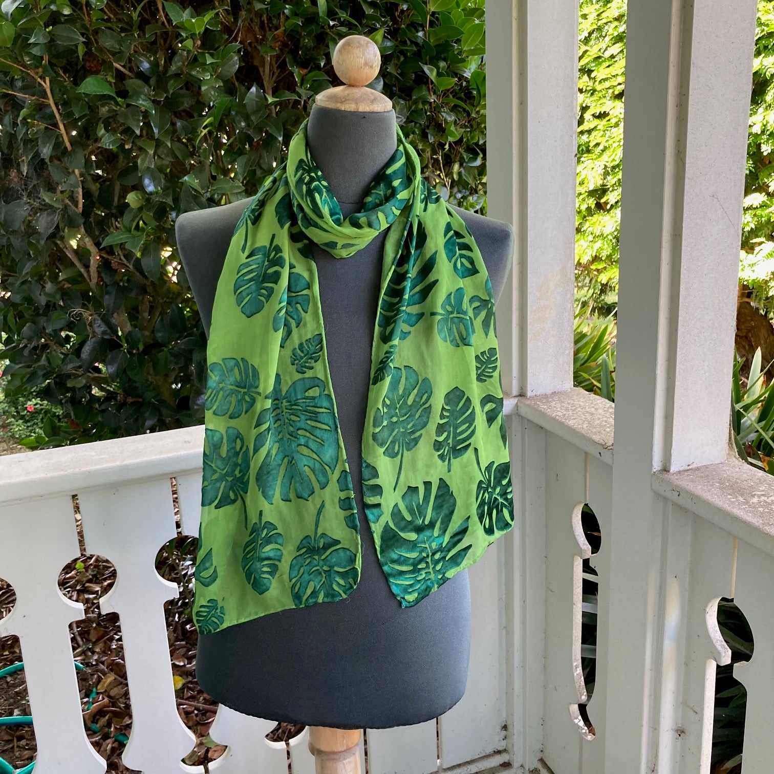 Devore Silk & Rayon Scarf in Emerald In the Monstera Pattern