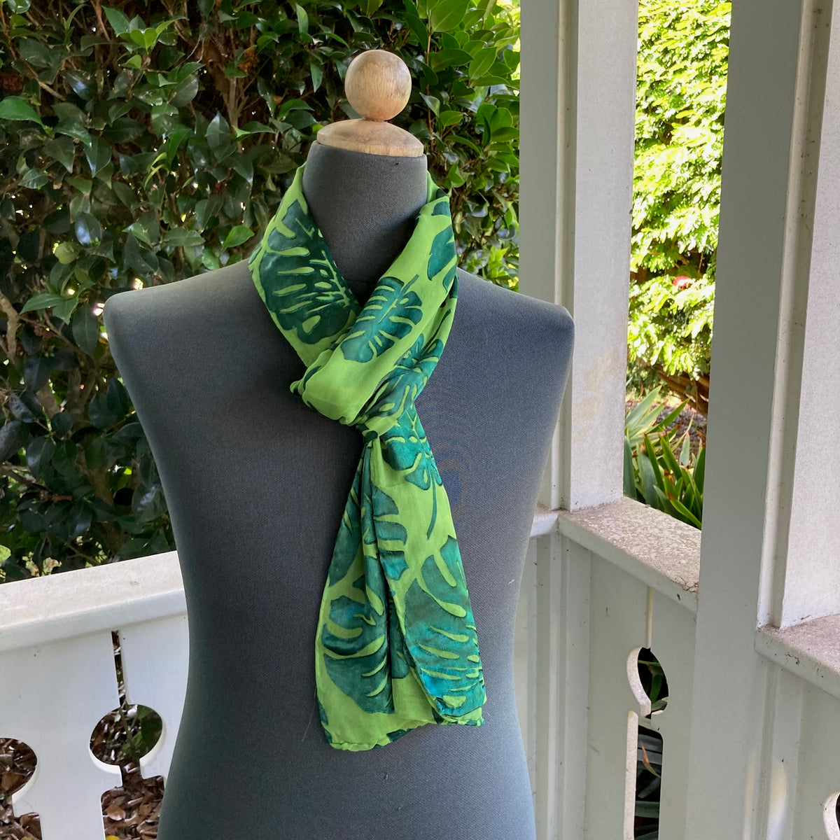 Devore Silk & Rayon Scarf in Emerald In the Monstera Pattern