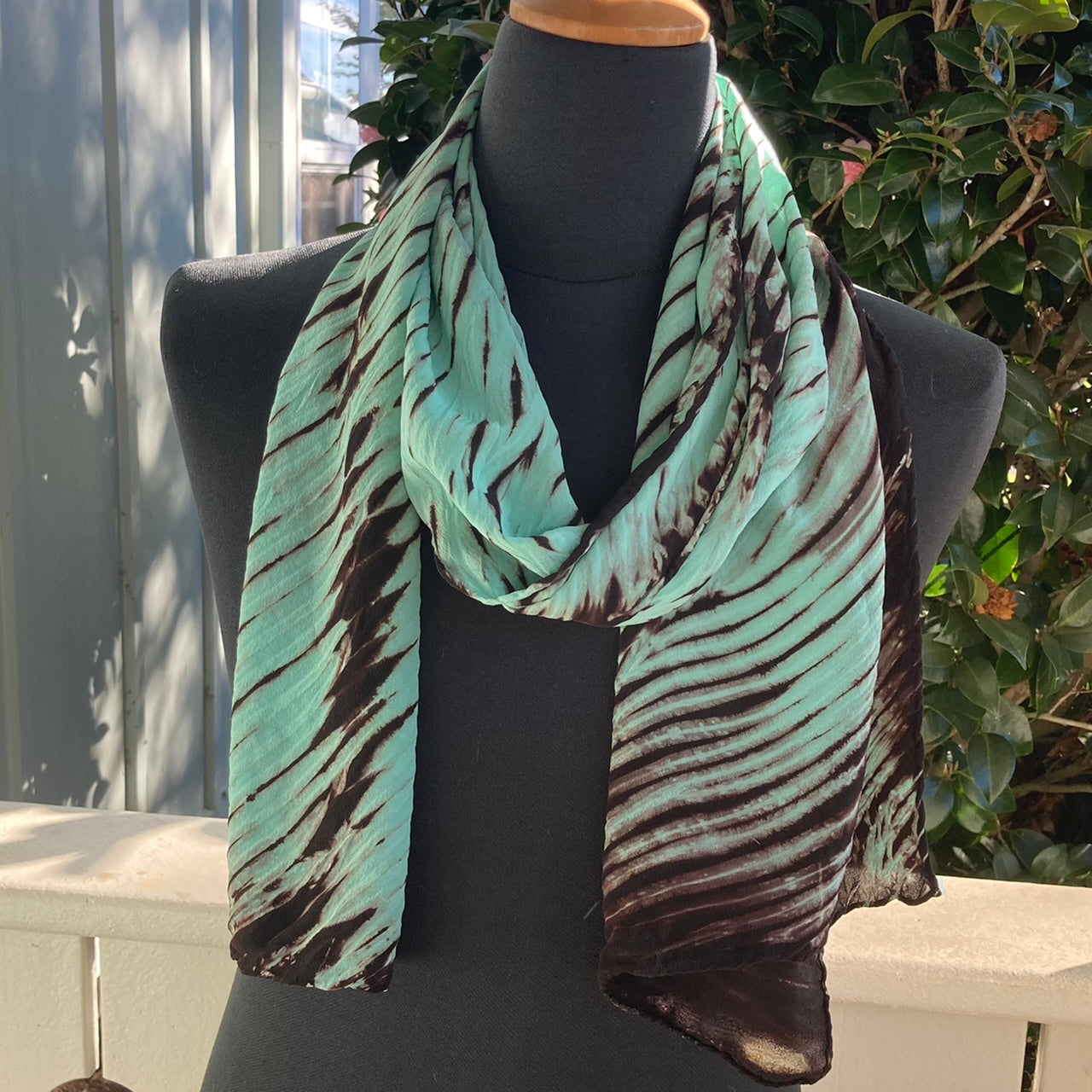 Silk Shibori Scarf in Green and Brown