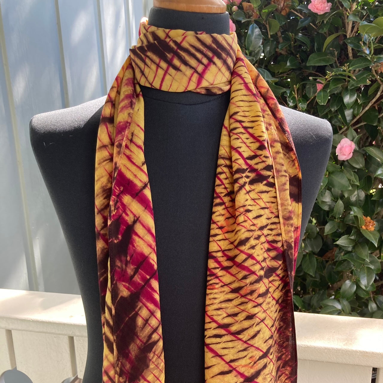 Silk Shibori Scarf in Yellows, Red and and  Dark Brown