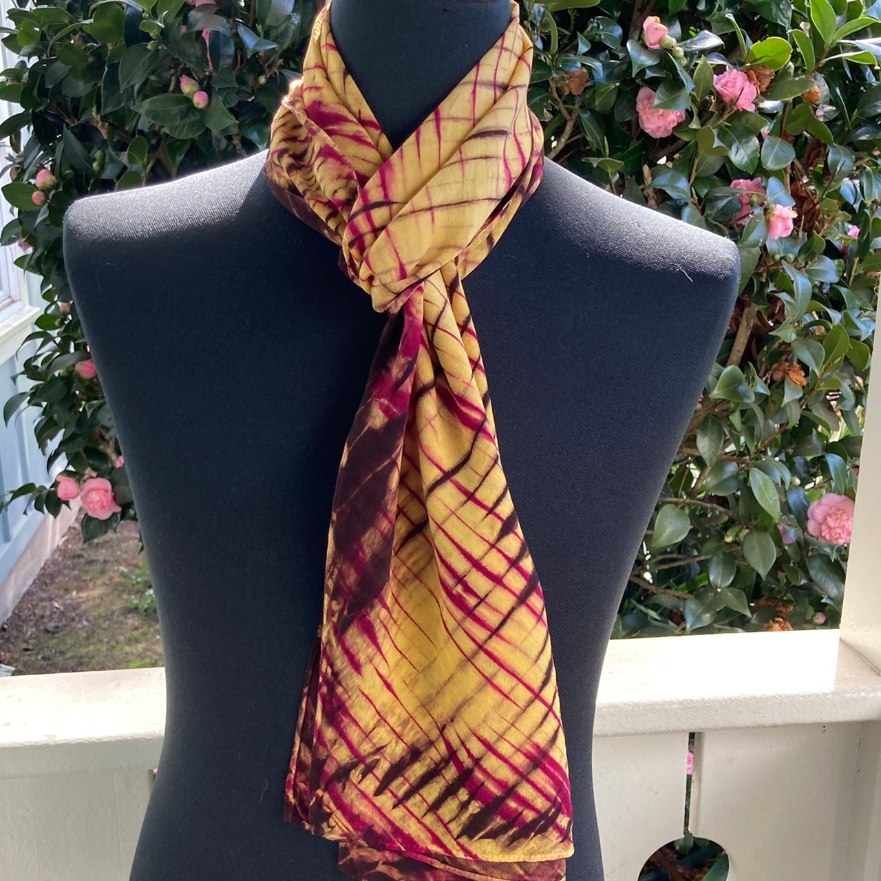 Silk Shibori Scarf in Yellows, Red and and  Dark Brown