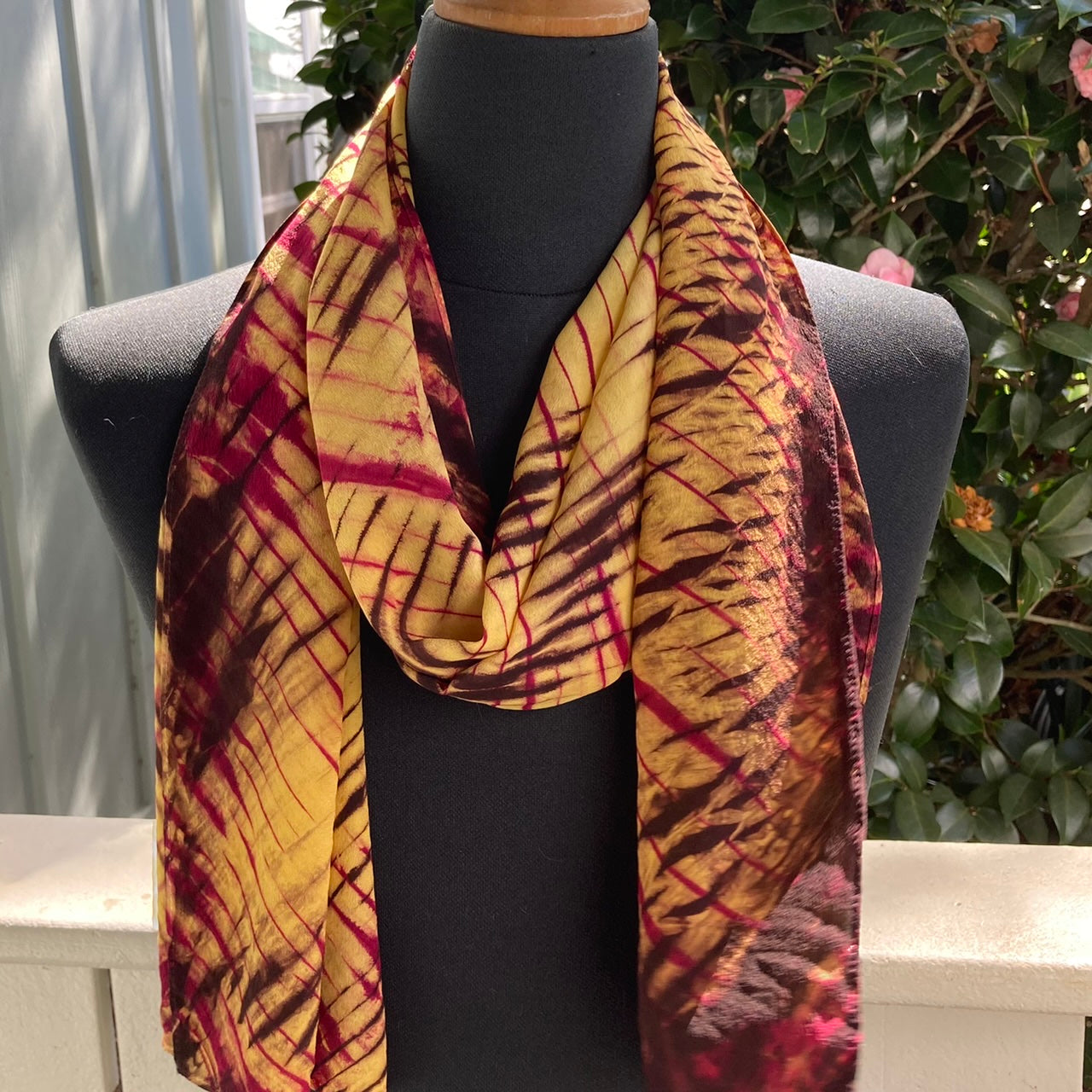 Silk Shibori Scarf in Yellows, Red and and  Dark Brown