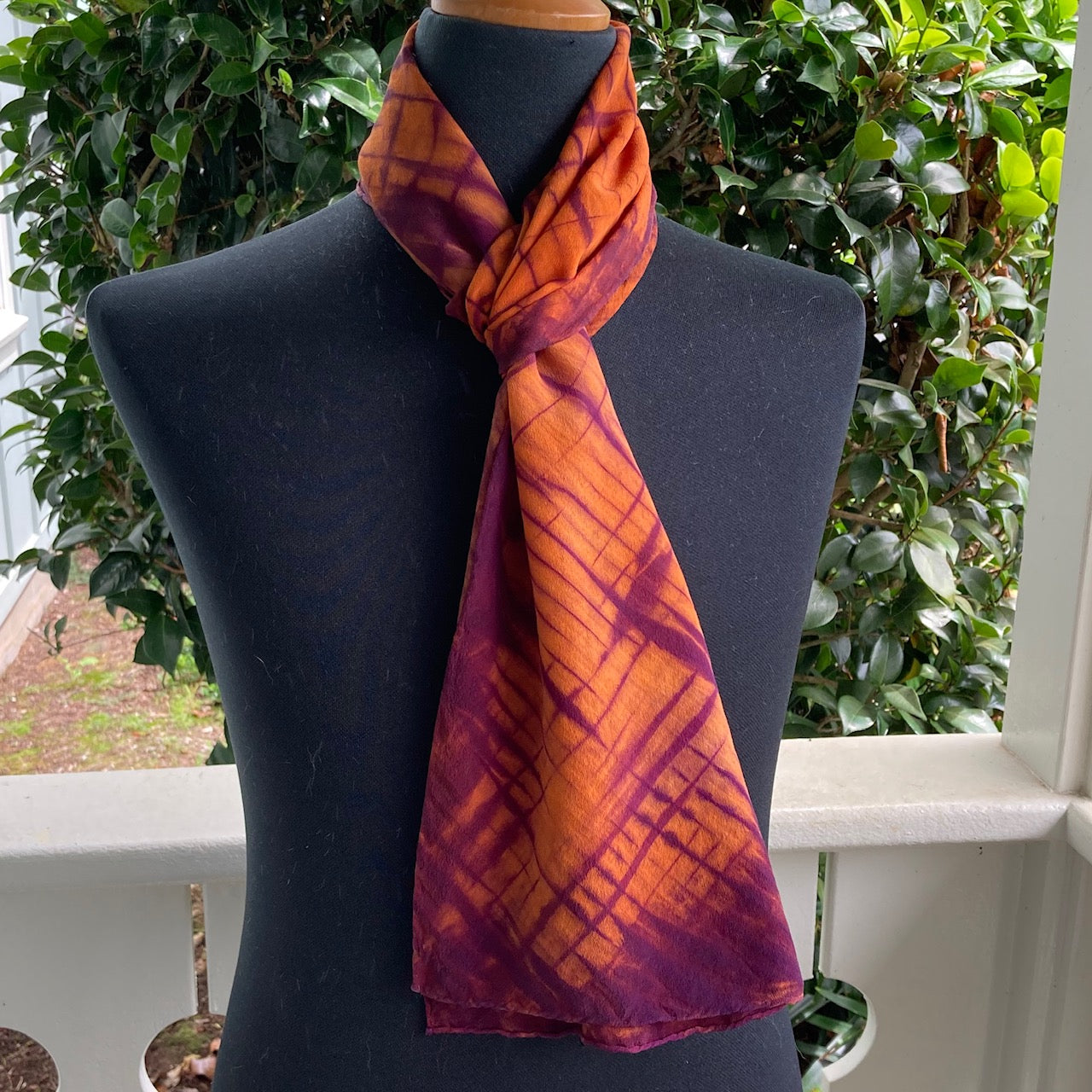 Silk Shibori Scarf in Orange and Purple