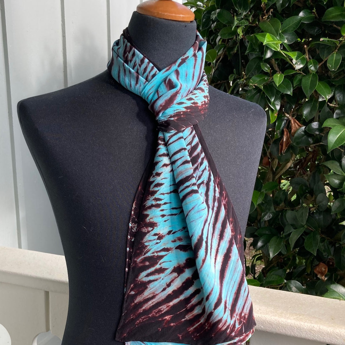 Silk Shibori Scarf in Aqua and Brown