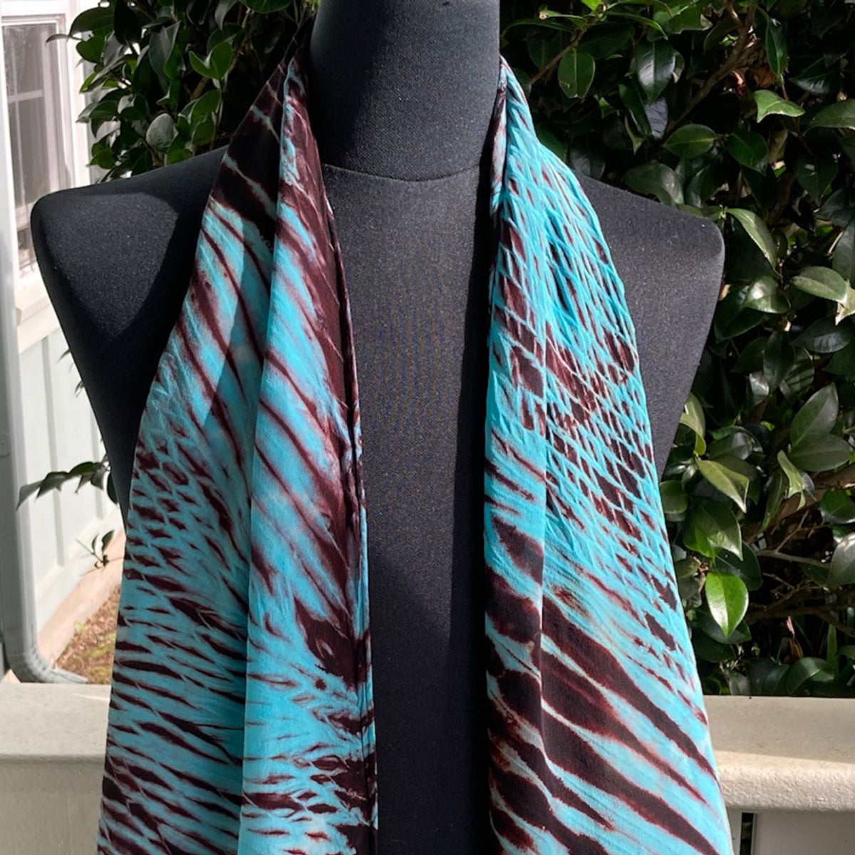 Silk Shibori Scarf in Aqua and Brown