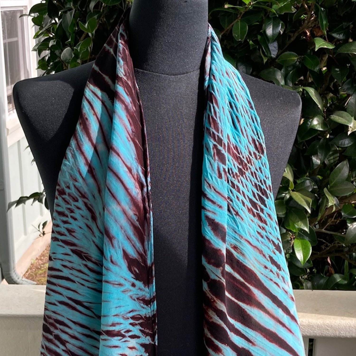 Silk Shibori Scarf in Aqua and Brown