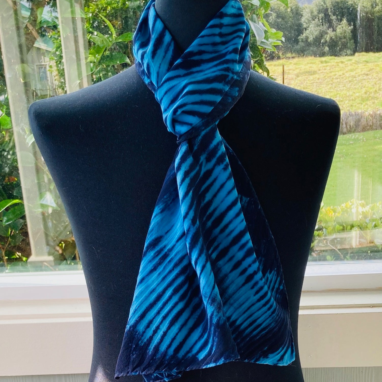 Silk Shibori Scarf in Turquoise Blue and Black