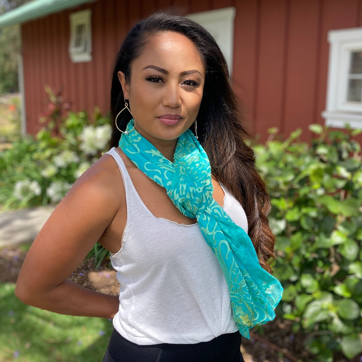 Devore Silk & Rayon Scarf in Turquoise and Lime In the Art Deco Design