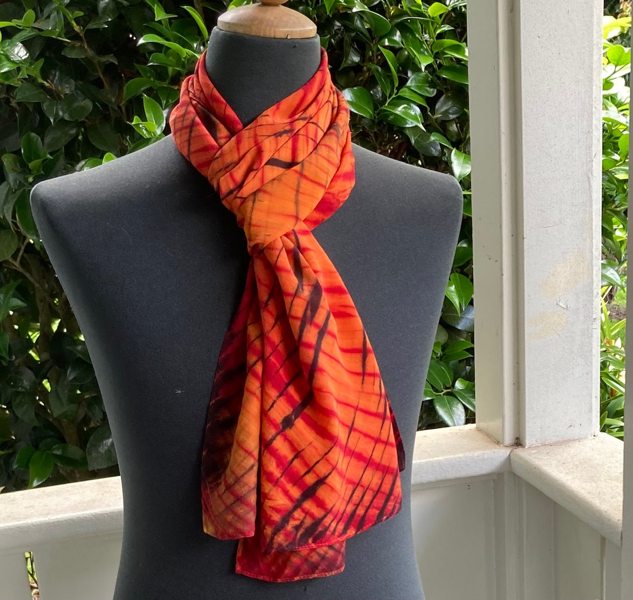 Silk Shibori Scarf in Red, Brown and Orange