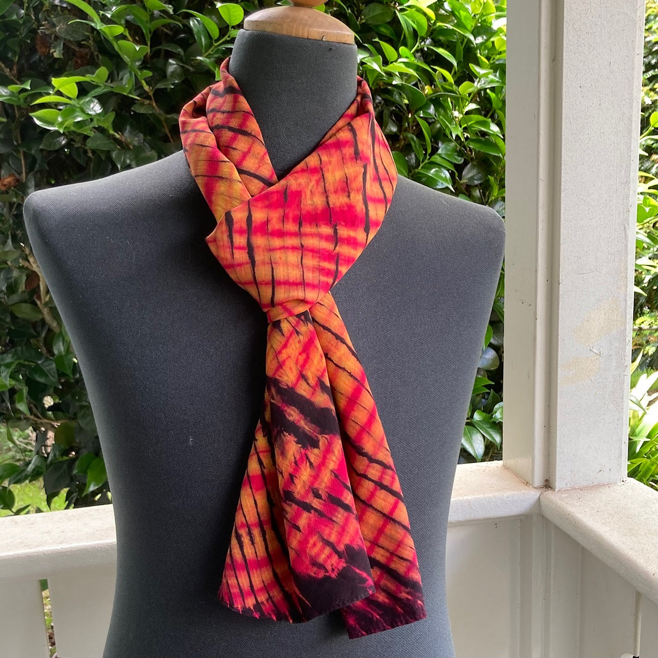 Silk Shibori Scarf in Red, Dark Brown, Amber and Orange