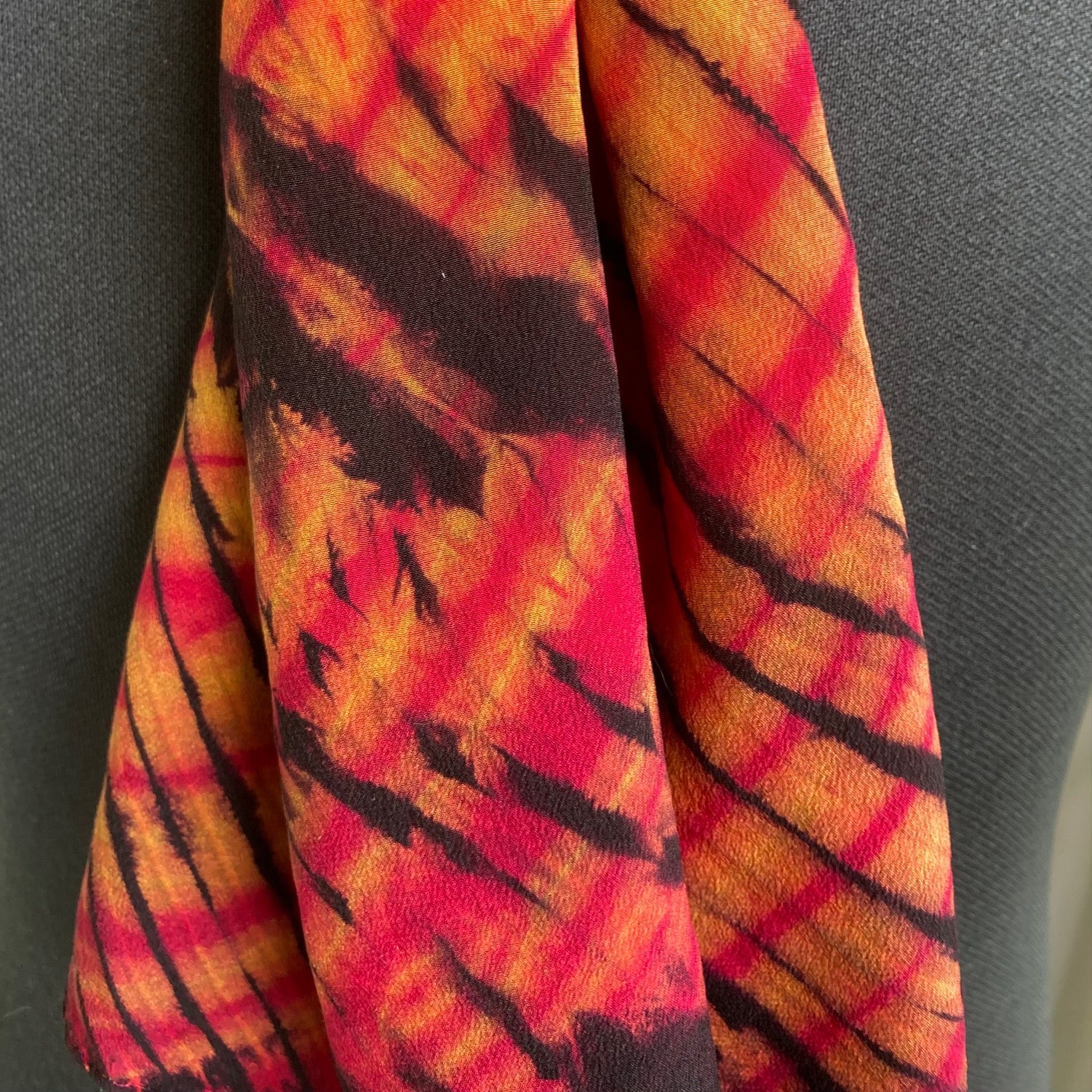 Silk Shibori Scarf in Red, Dark Brown, Amber and Orange