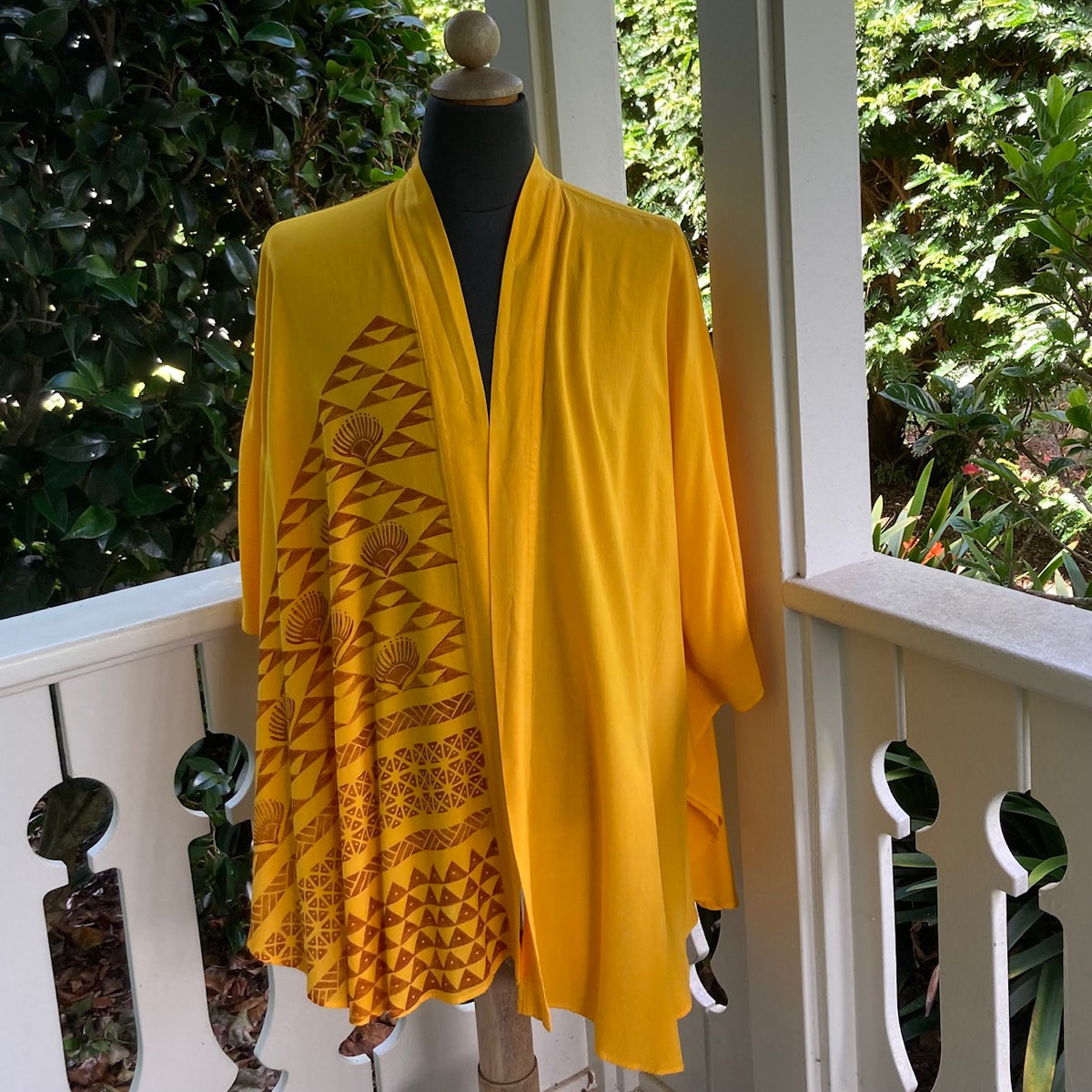 Ohe Kapala Kimono Wrap (KiWrap) In Golden Yellow Stamped with the Mauna and the Lehua Flower