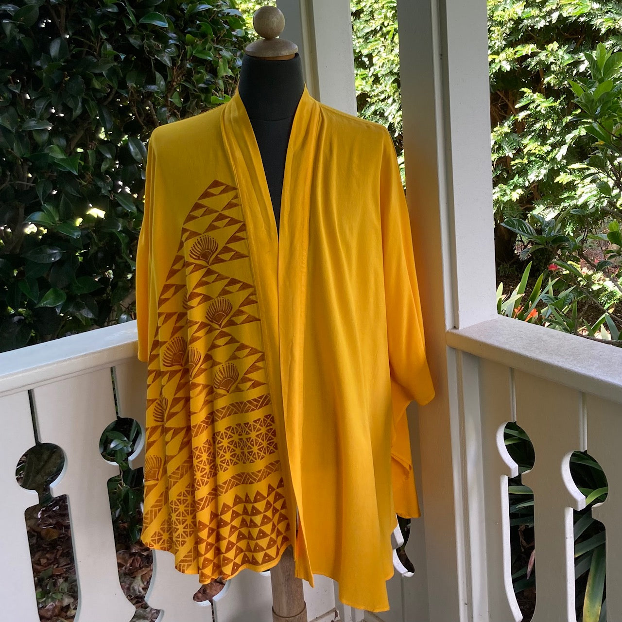 Ohe Kapala Kimono Wrap (KiWrap) In Golden Yellow Stamped with the Mauna and the Lehua Flower