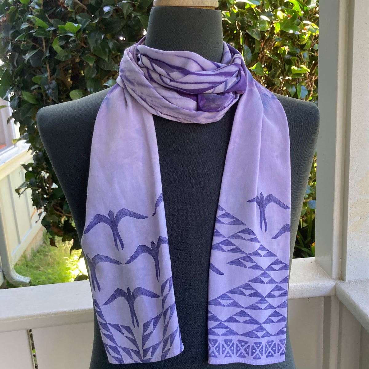 Fusion (Ohe Kapala + Shibori) Rayon Scarf in Purple and White (A)