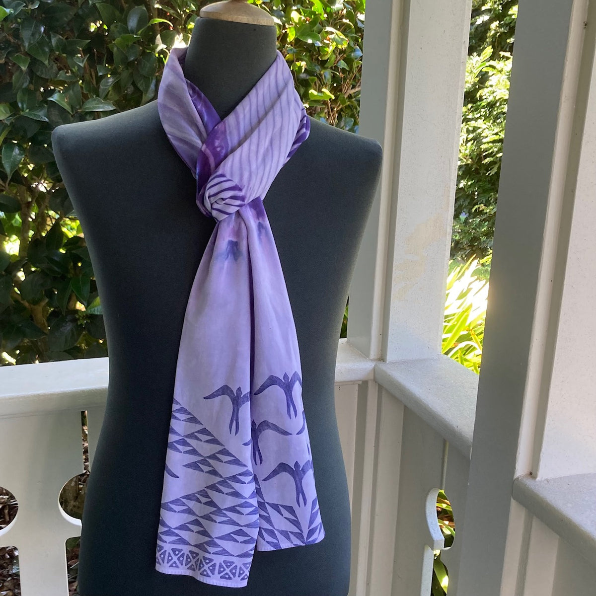 Fusion (Ohe Kapala + Shibori) Rayon Scarf in Purple and White (A)
