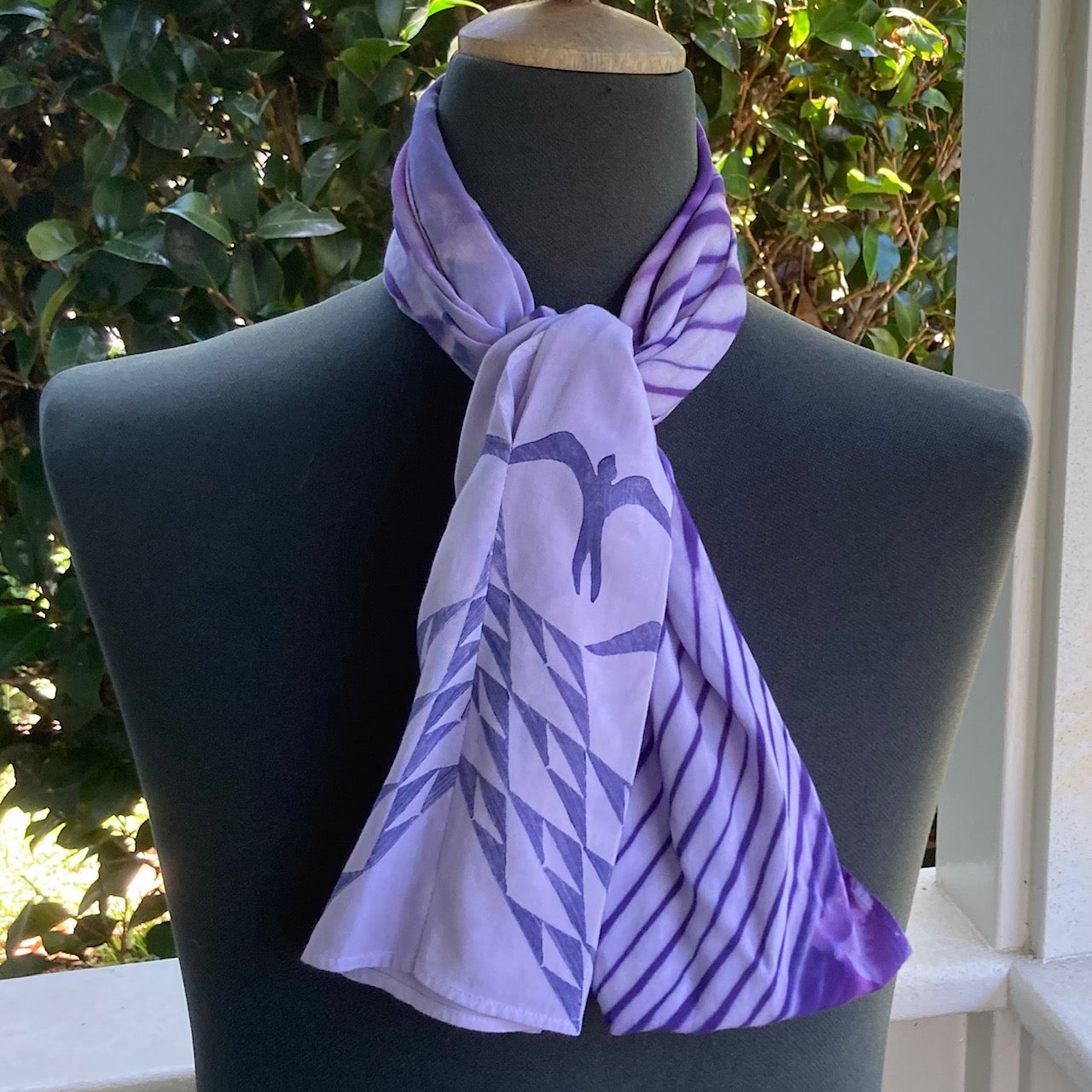 Fusion (Ohe Kapala + Shibori) Rayon Scarf in Purple and White (A)