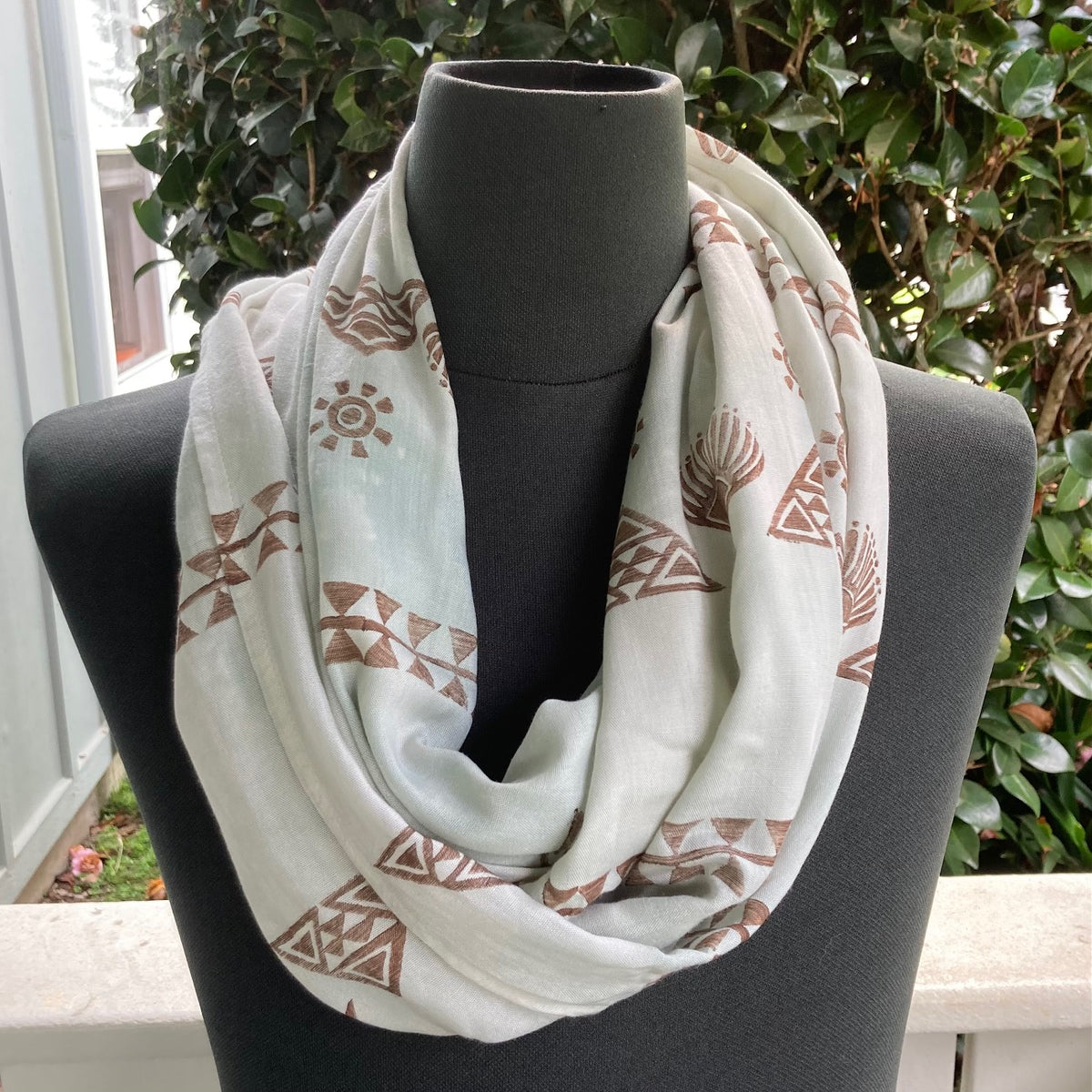 Ohe Kapala Rayon Infinity Scarf in Greenish Beige with Lehua, 'Iwa and the Mauna