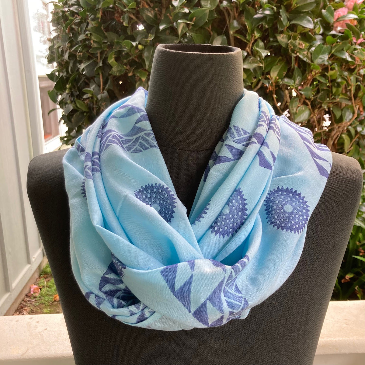 Ohe Kapala Rayon Infinity Scarf in Light Aqua Blue with Wana and Mauna