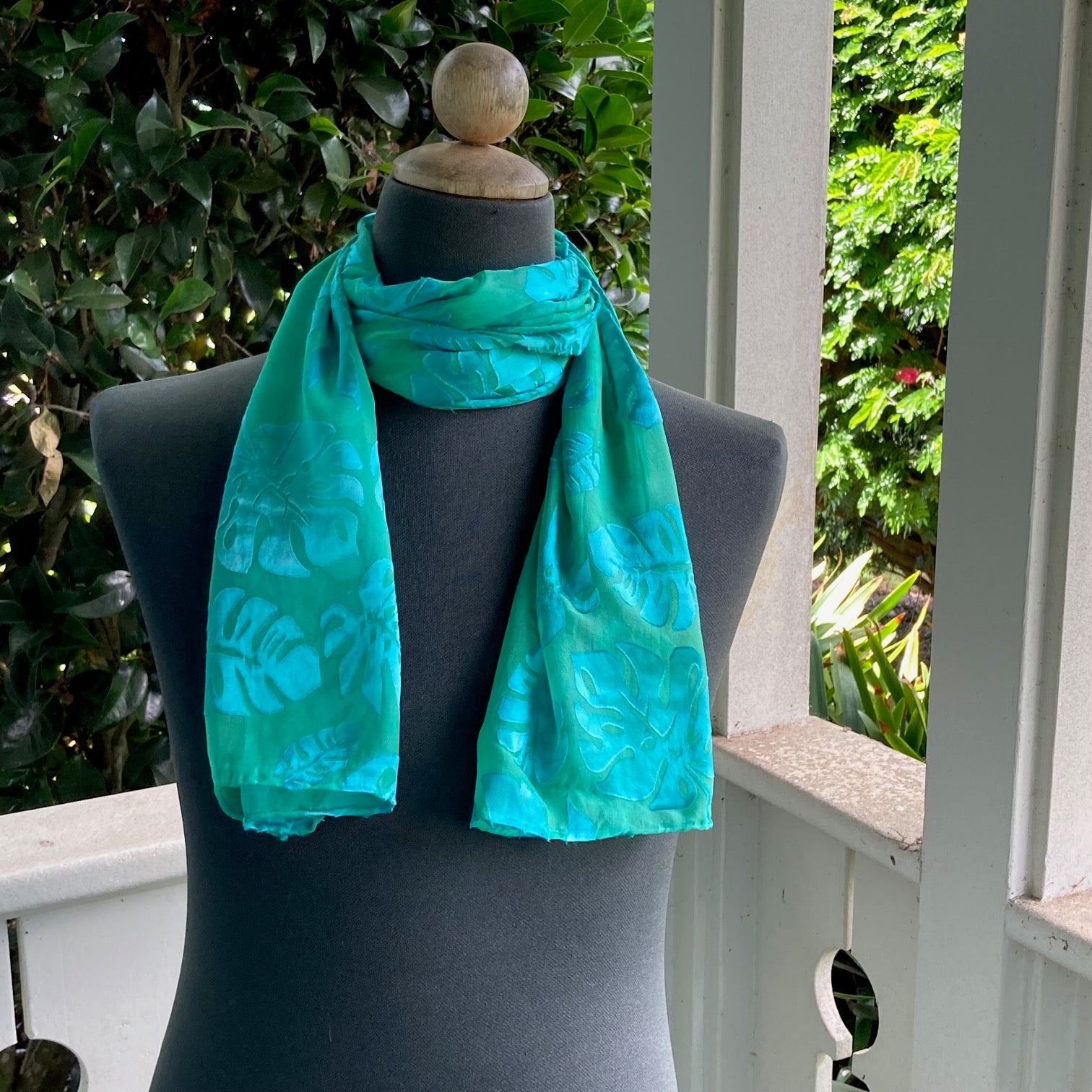 Devore Silk & Rayon Scarf in Jade in the Monstera Design