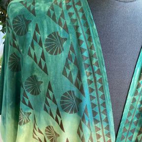 Ohe Kapala TIE Blouse in Green and Yellow with Mauna and Lehua