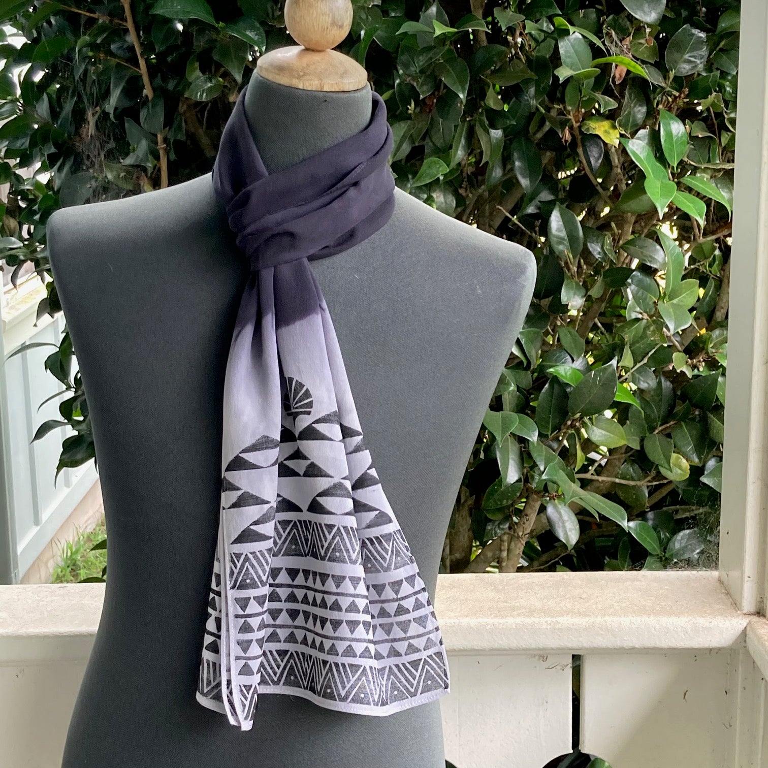 Ohe Kapala Silk Crepe Scarf in Black and White with Mauna and Lehua