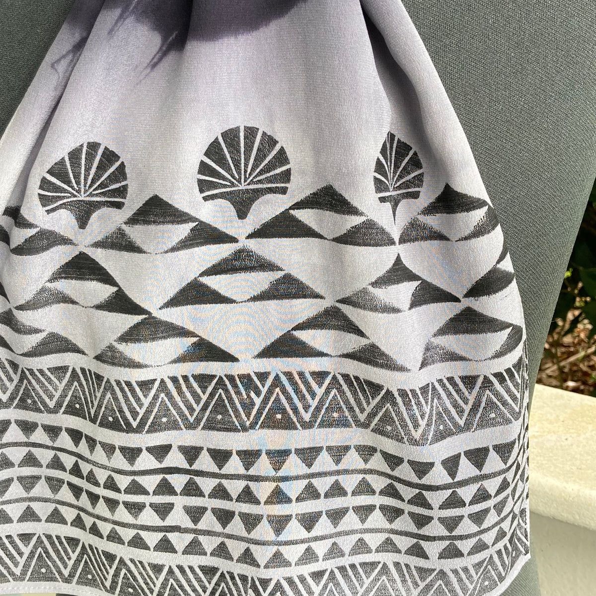 Ohe Kapala Silk Crepe Scarf in Black and White with Mauna and Lehua
