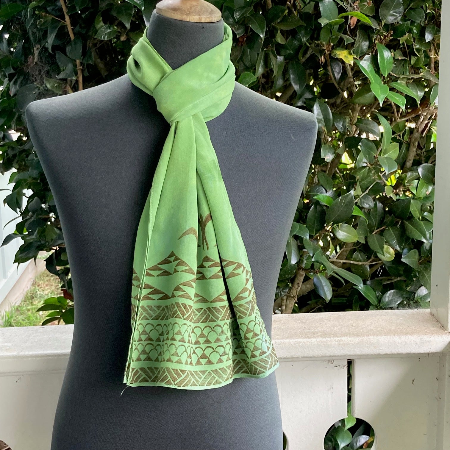 Ohe Kapala Silk Crepe Scarf in Avocado Green with Mauna and 'Iwa