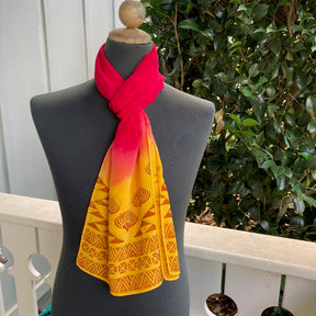 Ohe Kapala Silk Crepe Scarf in Red and Golden Yellow with Mauna and Lehua