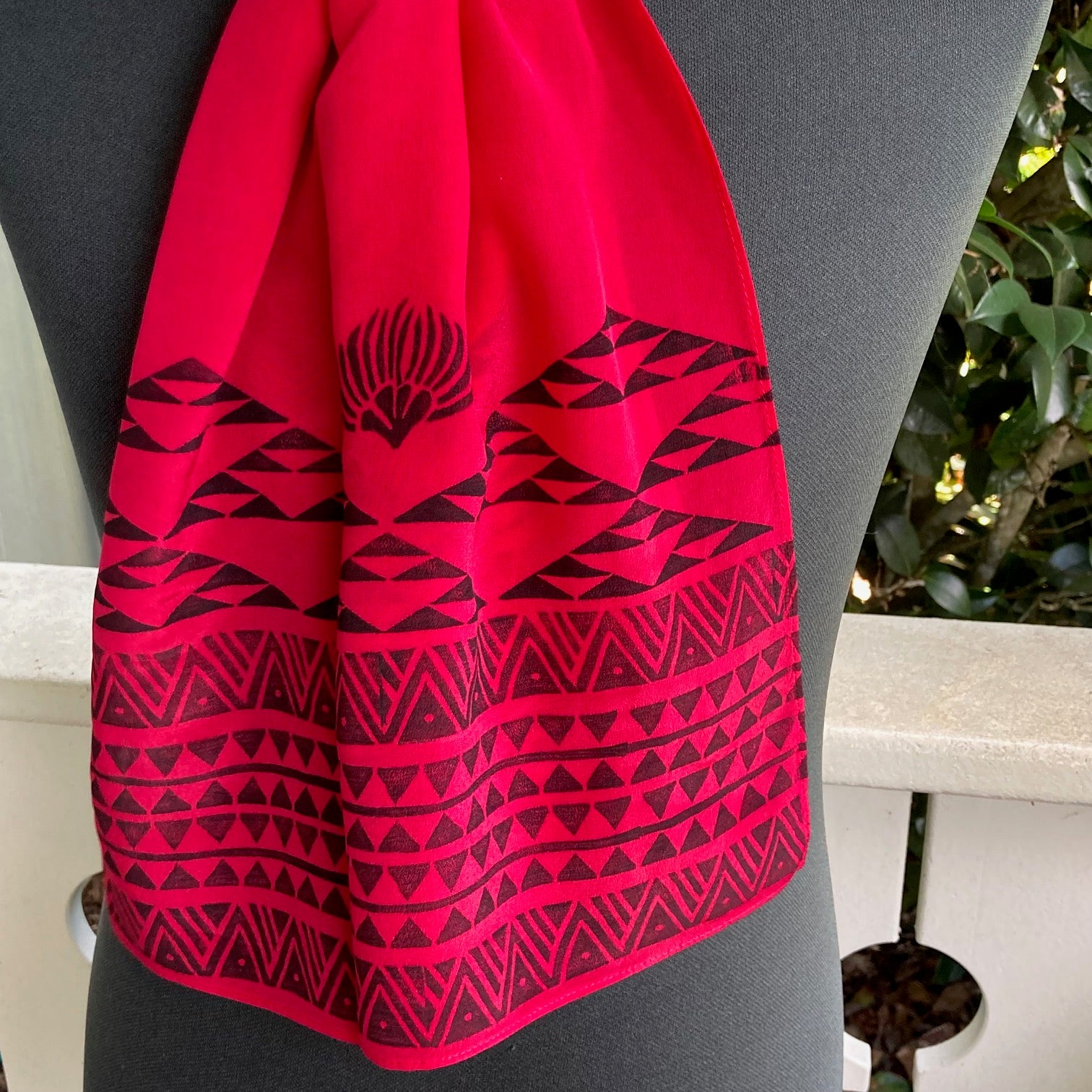 Ohe Kapala Silk Crepe Scarf in Red with Mauna and Lehua