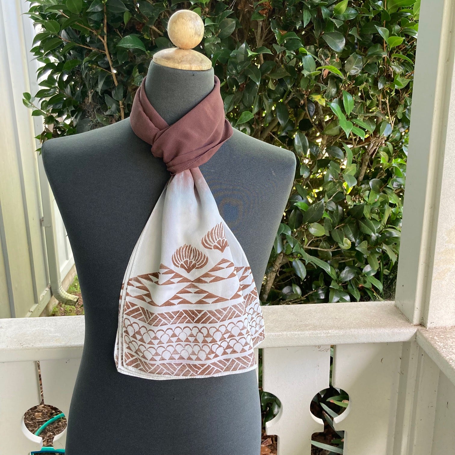 Ohe Kapala Silk Crepe Scarf in Brown with Mauna and Lehua