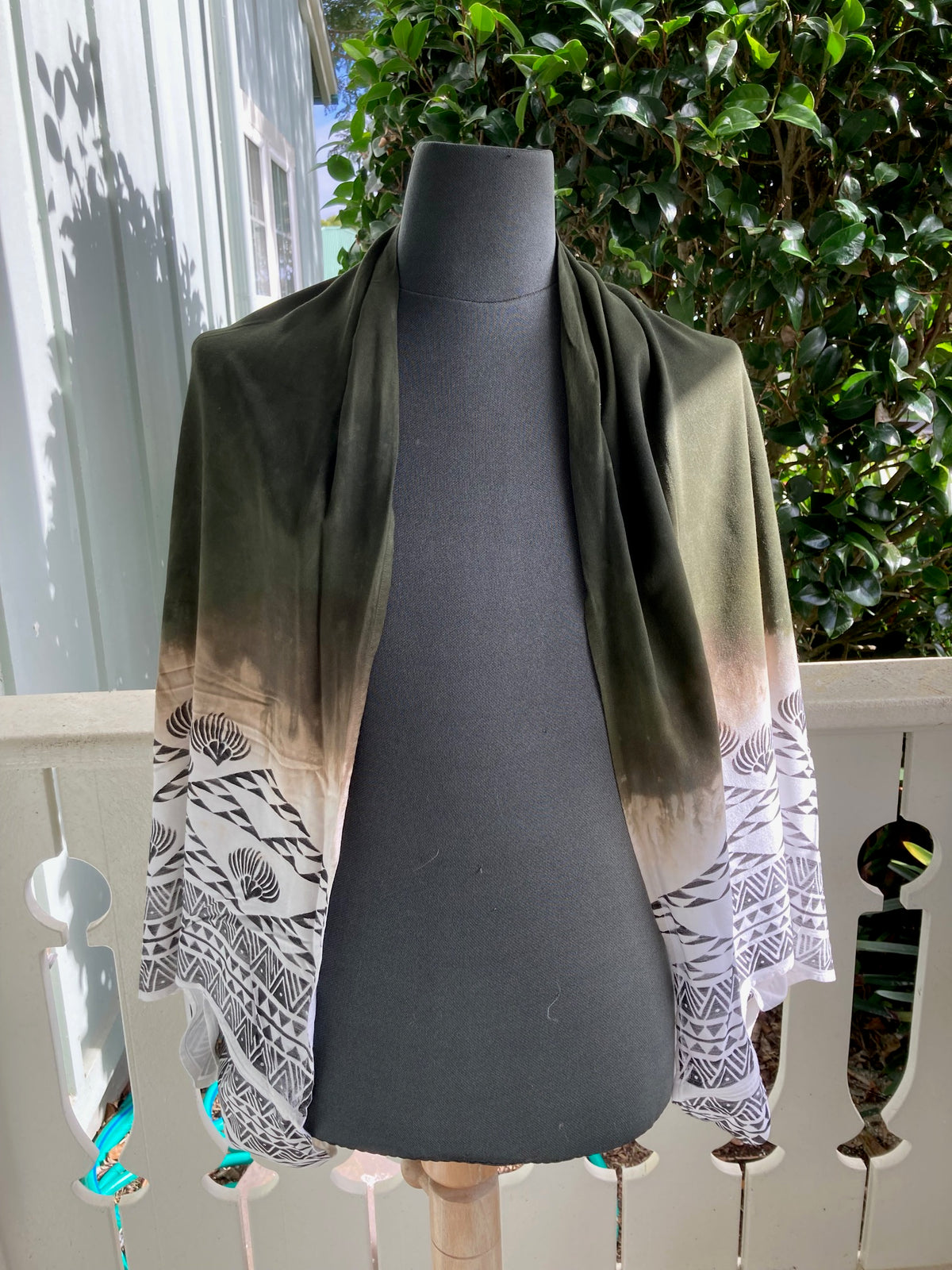 Ohe Kapala Shrug in Olive to Cream Ombre with the Lehua and the Mauna