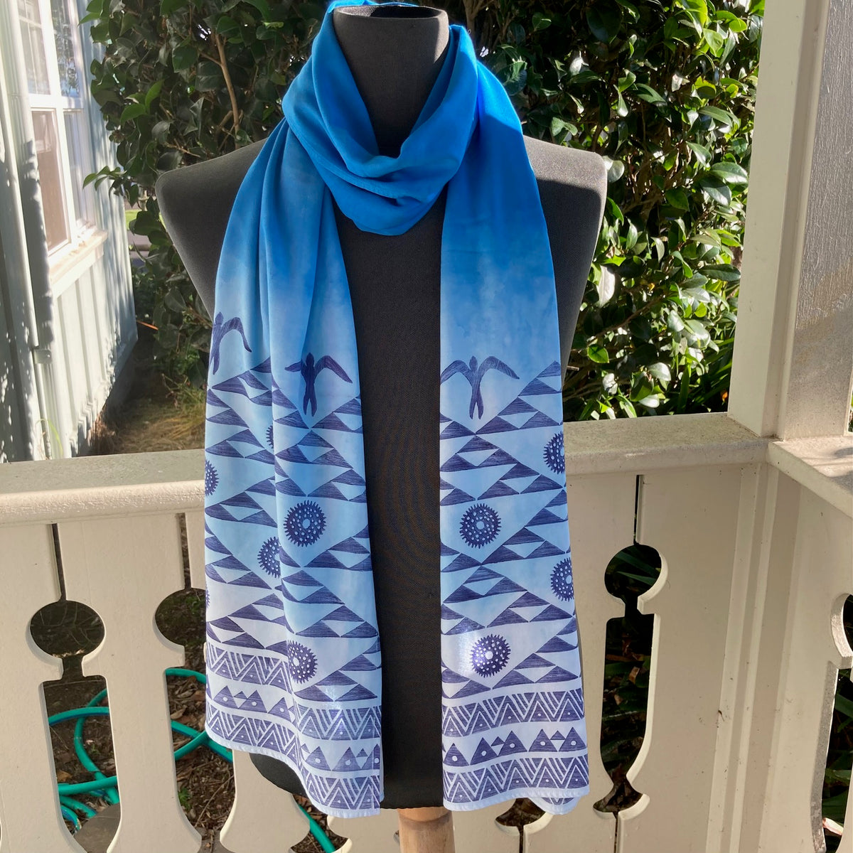 Ohe Kapala Rayon Wrap in Blue Ombre with the Mauna, 'Iwa and Wana