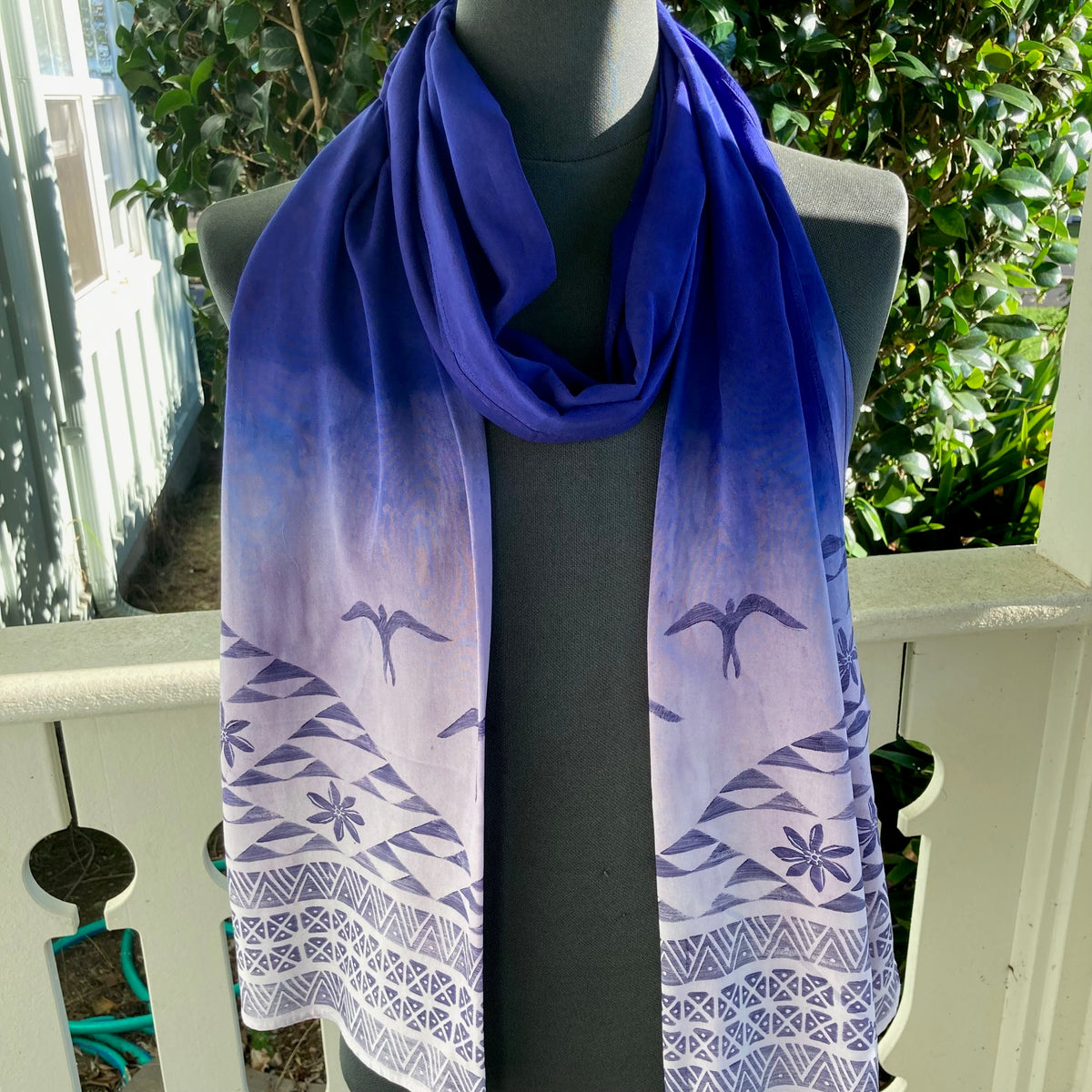 Ohe Kapala Rayon Wrap in Periwinkle Blue Ombre with the Mauna, 'Iwa and Plumeria