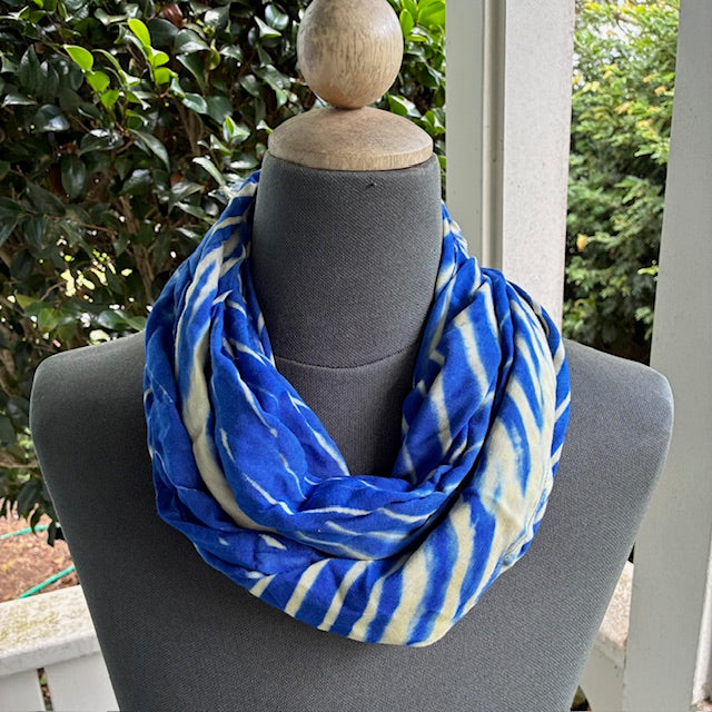 Shibori Rayon Infinity Scarf in Bright Blue and Pale Yellow