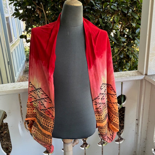 Ohe Kapala Shrug in Red and Golden Yellow with the Mauna and Lauhala