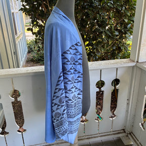 Ohe Kapala Shrug in Periwinkle Blue with the Mauna, Lehua and Lauhala
