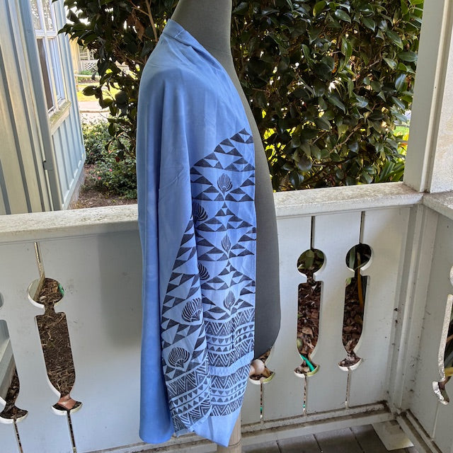 Ohe Kapala Shrug in Periwinkle Blue with the Mauna, Lehua and Lauhala