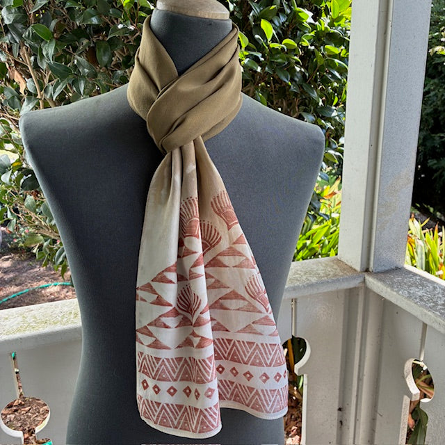 Ohe Kapala Silk Crepe Scarf in Moss with the Mauna, Lehua and Lauhala